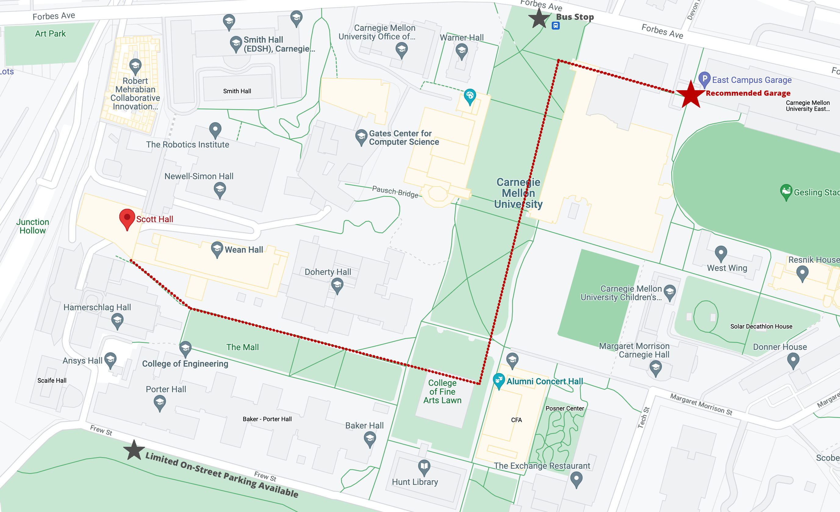 View of map showing path between parking garage and Scott Hall
