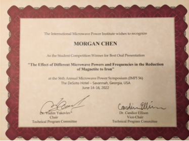 Photo of a certificate awarded to Morgan Chen as the Student Competition Winner for Best Oral Presentation