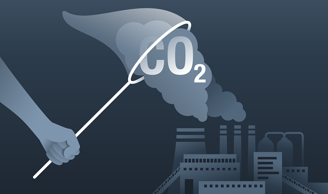 Animated image showing a net capturing a cloud of CO2